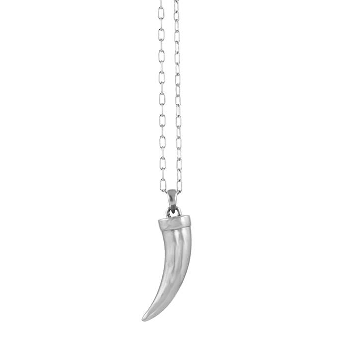 Silver tusk pendant on a chain against a white background