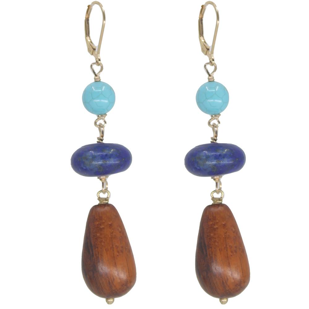 Pair of earrings with blue, purple, and brown beads on a white background