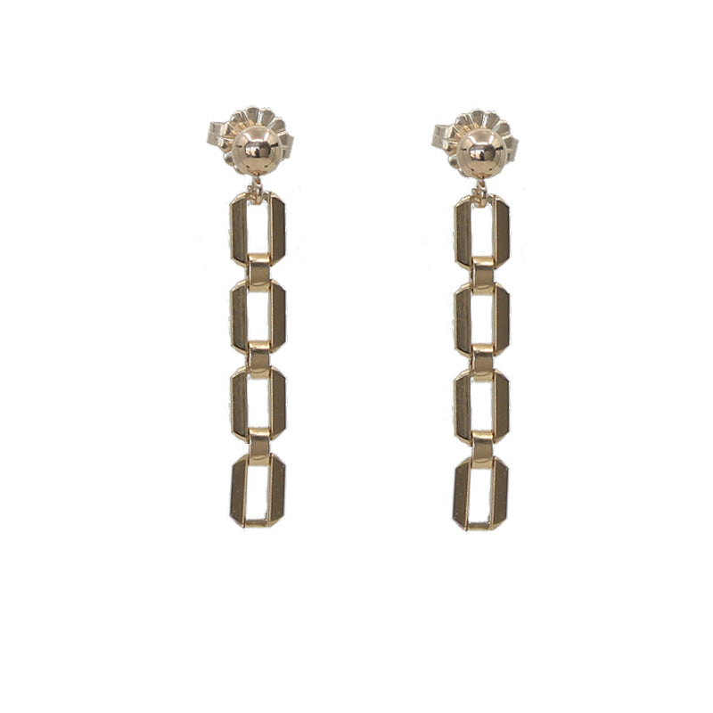 A pair of geometric drop earrings with connected chain links and 4mm ball posts, displayed against a white background.