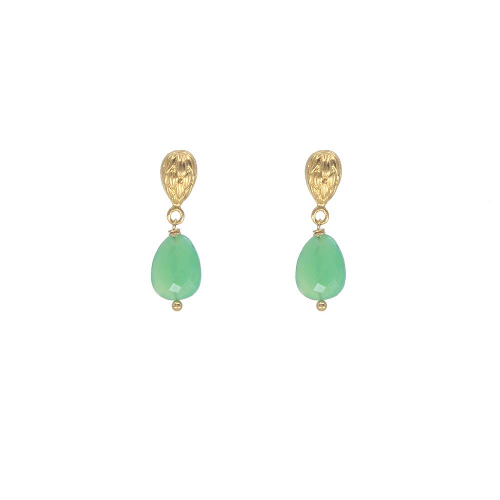 Gold earrings with green teardrop-shaped gemstones on a white background