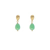 Gold earrings with green teardrop-shaped gemstones on a white background