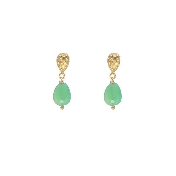 Gold earrings with green teardrop-shaped gemstones on a white background