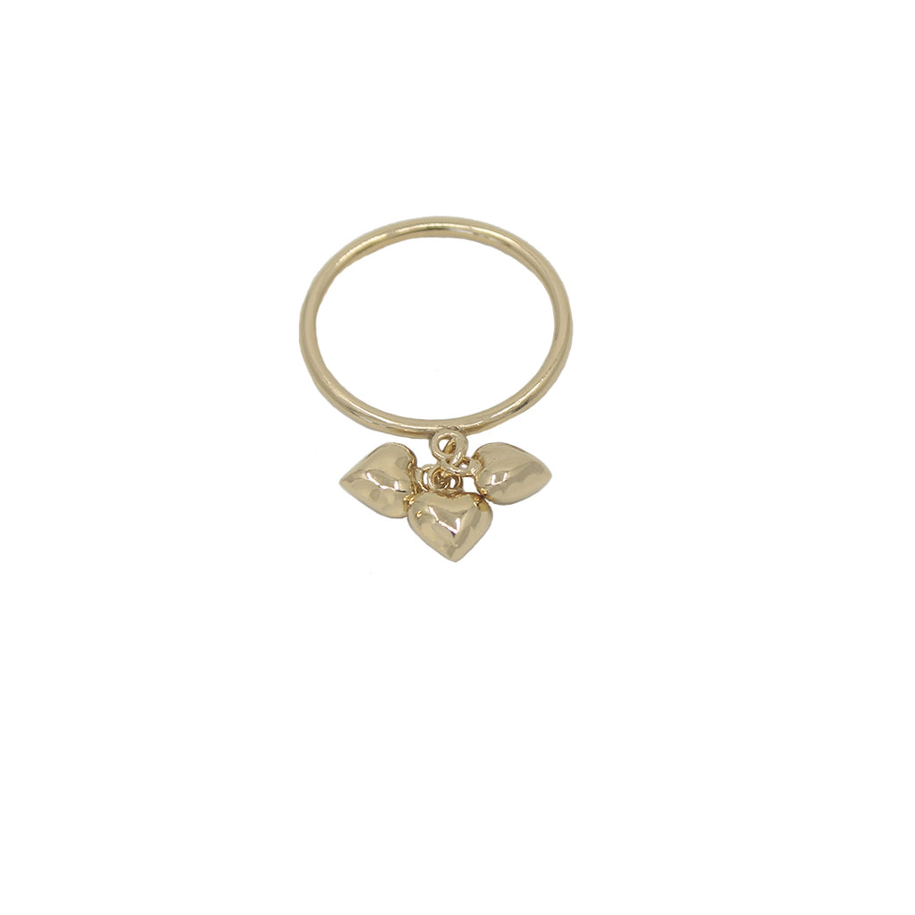 Gold ring with three heart-shaped charms
