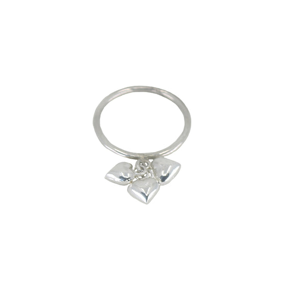 Silver ring with three heart-shaped charms 