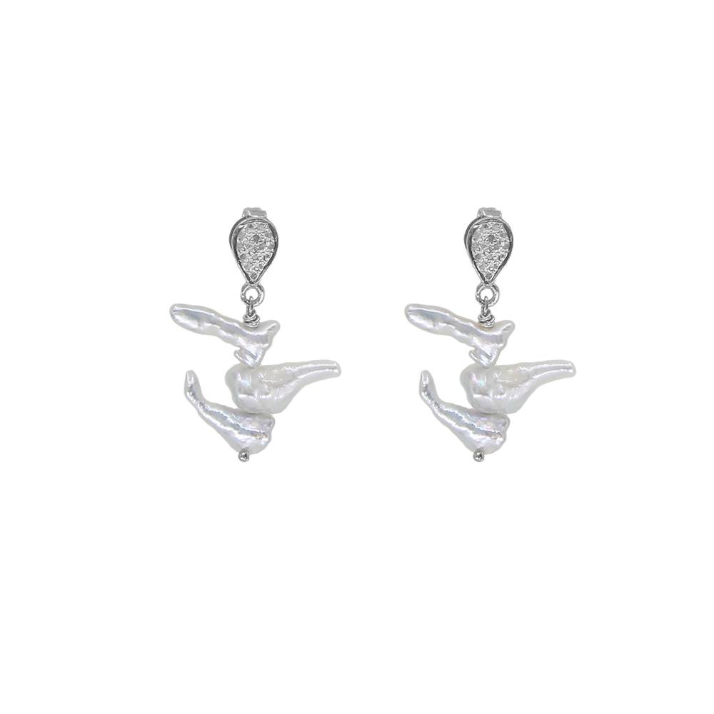 Pair of earrings with white pearls and silver accents on a white background