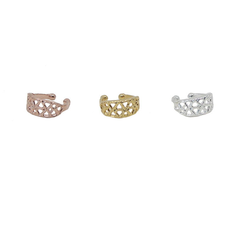 Three ear cuffs in different colors: silver, rose gold, and gold. Each has a lace pattern design.