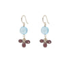 Pair of earrings with blue gemstones and red beads on a white background