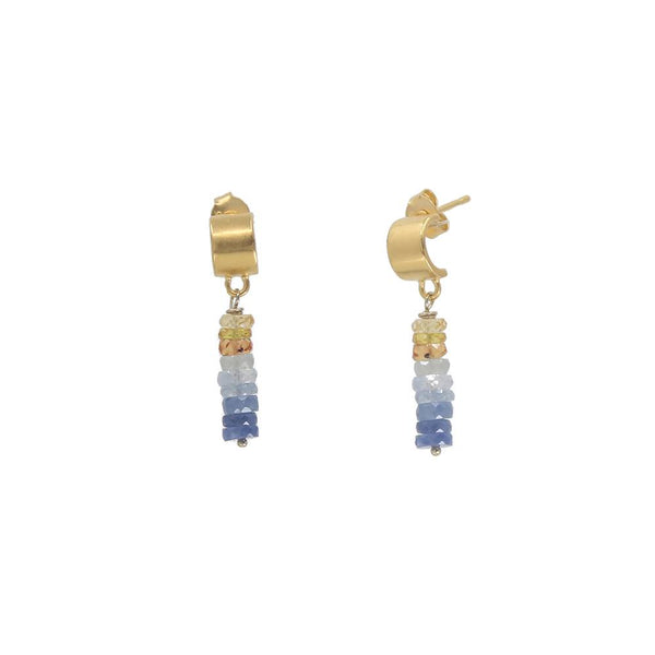 Gold hoop earrings with multicolored bead drops on a white background