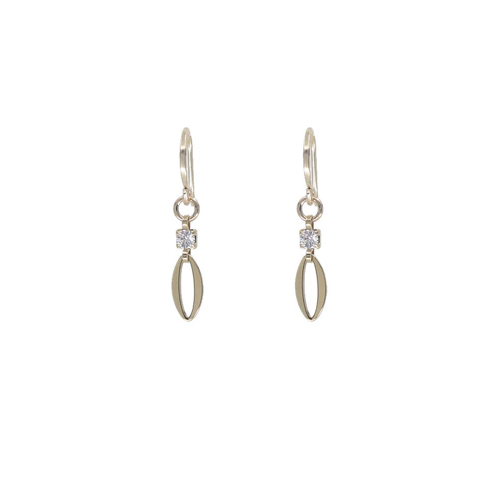 Pair of gold earrings with small diamonds like gems on a white background