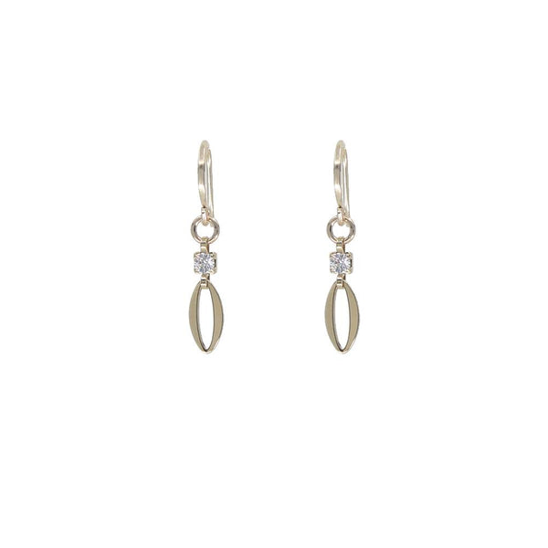 Pair of gold earrings with small diamonds like gems on a white background