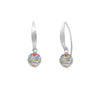 Pair of silver earrings with colorful spherical beads on a white background