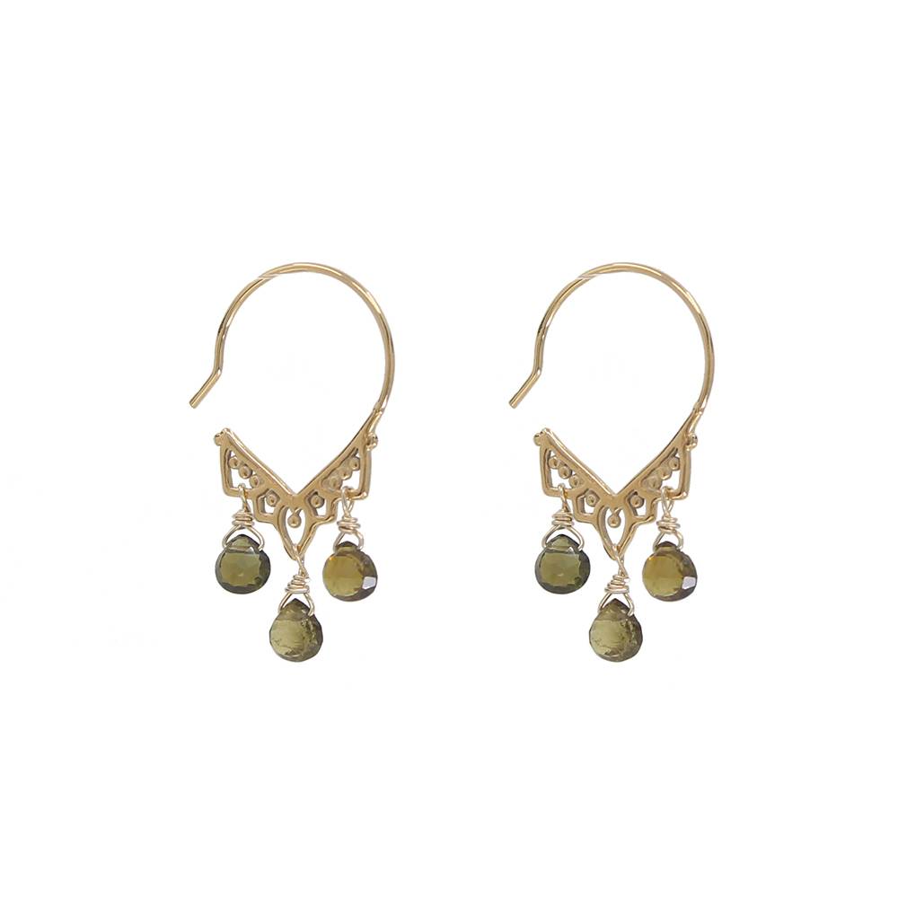 Gold earrings with green beads on a white background