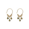 Gold earrings with green beads on a white background