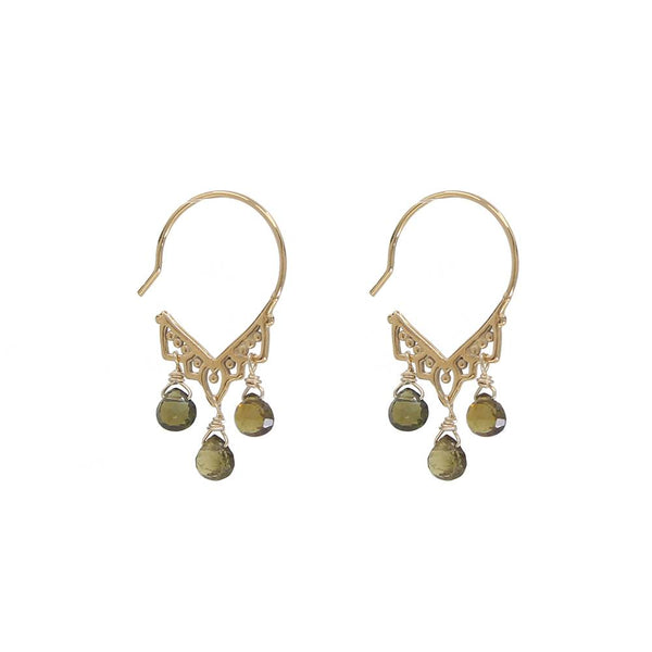 Gold earrings with green beads on a white background