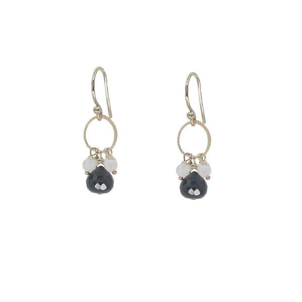 Pair of earrings with black and white stones on a white background