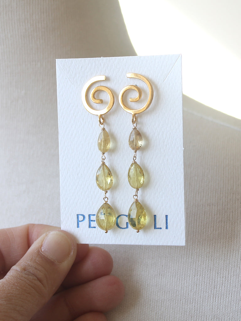 Gold earrings with yellow teardrop-shaped stones on a Peggy Li card.