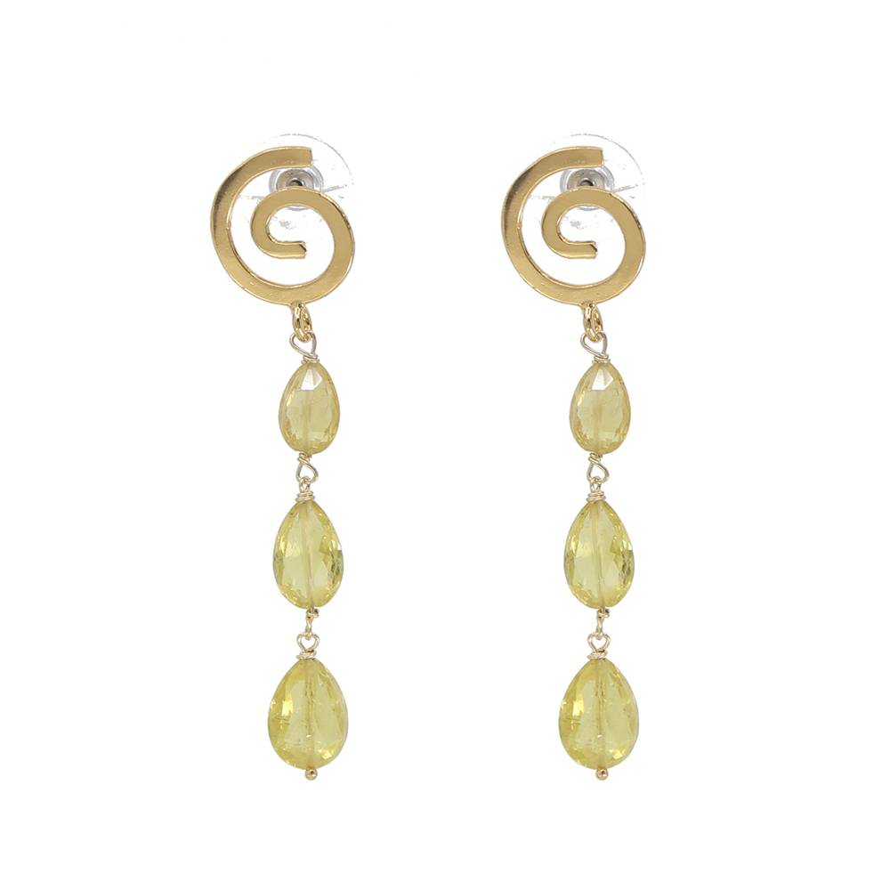 Gold spiral earrings with yellow teardrop-shaped stones on a white background