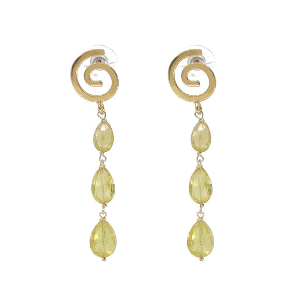 Gold spiral earrings with yellow teardrop-shaped stones on a white background