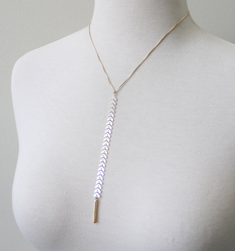 Chevron Lariat Necklace silver and gold