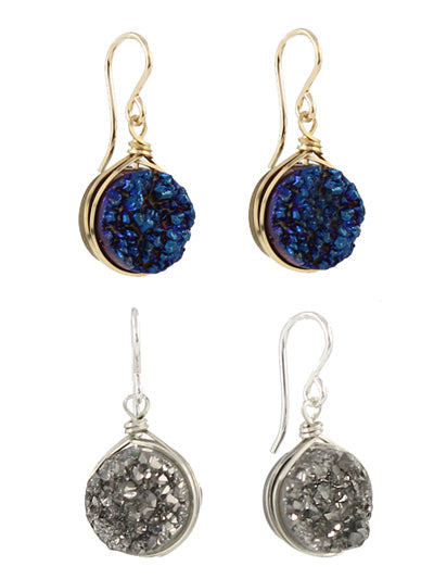 Round Druzy Earring silver and blue detail