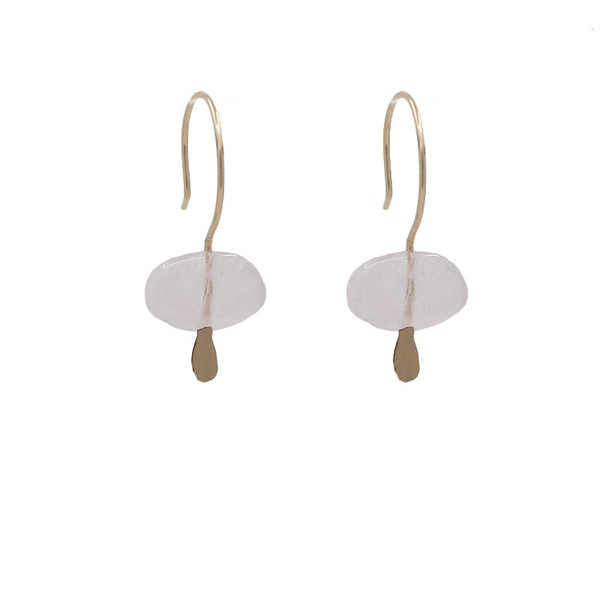 A pair of huggie earrings featuring pale pink morganites attached to gold-colored earwires.