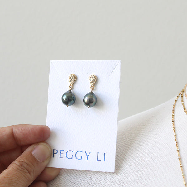 Pave Diamond and Tahitian Pearl Earrings in silver