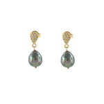 Pave Diamond and Tahitian Pearl Earrings in gold