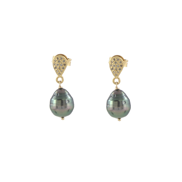 Pave Diamond and Tahitian Pearl Earrings in gold