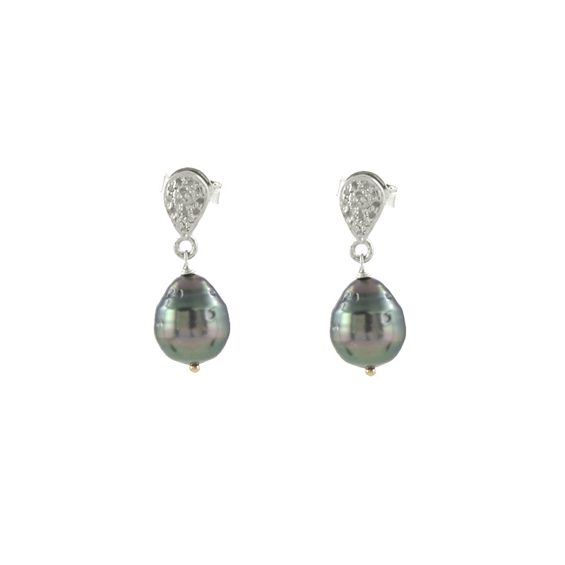 Pave Diamond and Tahitian Pearl Earrings in silver