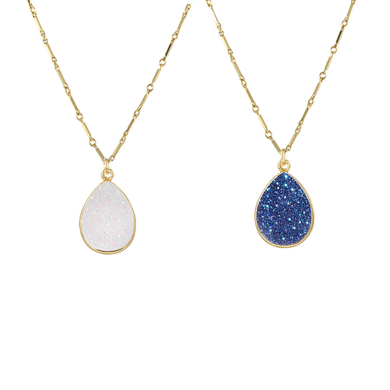AB quartz and blue druzy teardrop pendant necklaces