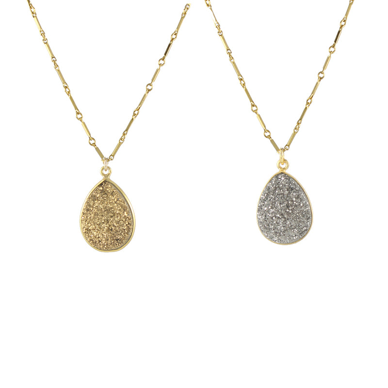 Gold and Silver Druzy Teardrop Pendant Necklaces