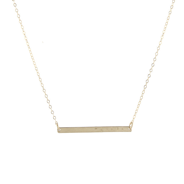 Skinny stamped gold bar necklace