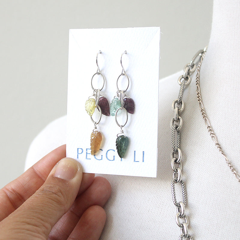 Tourmaline Leaf Earrings, sterling silver